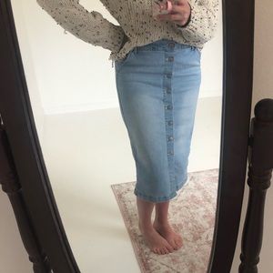 Midi Light Wash Stretchy Button Down Jean Skirt
